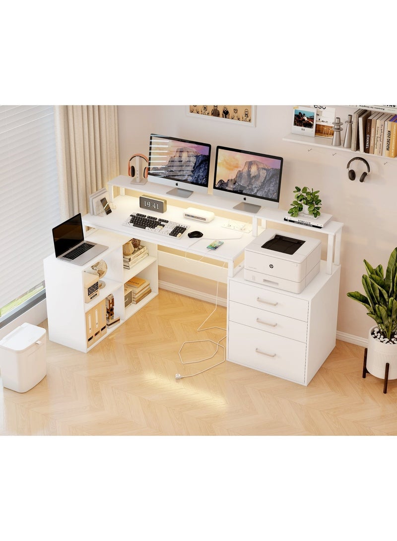 مكتب كمبيوتر على شكل حرف L مع محطة شحن وحامل شاشة وأدراج ورف كتب وسطح مكتب كبير ومكتب منزلي مع خزانة طابعة ومحطة عمل زاوية للمكتب المنزلي والدراسة والألعاب، أبيض، YN125 - Image 3